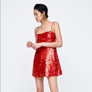 Zara Women Orange Spaghetti Strap Sequin Dress
